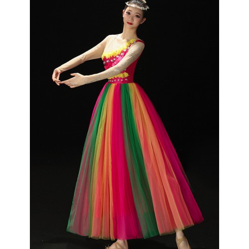 Women Spanish flamenco dresses Rainbow colored Opening dance big swing skirt Student ballroom dance costumes for dancers